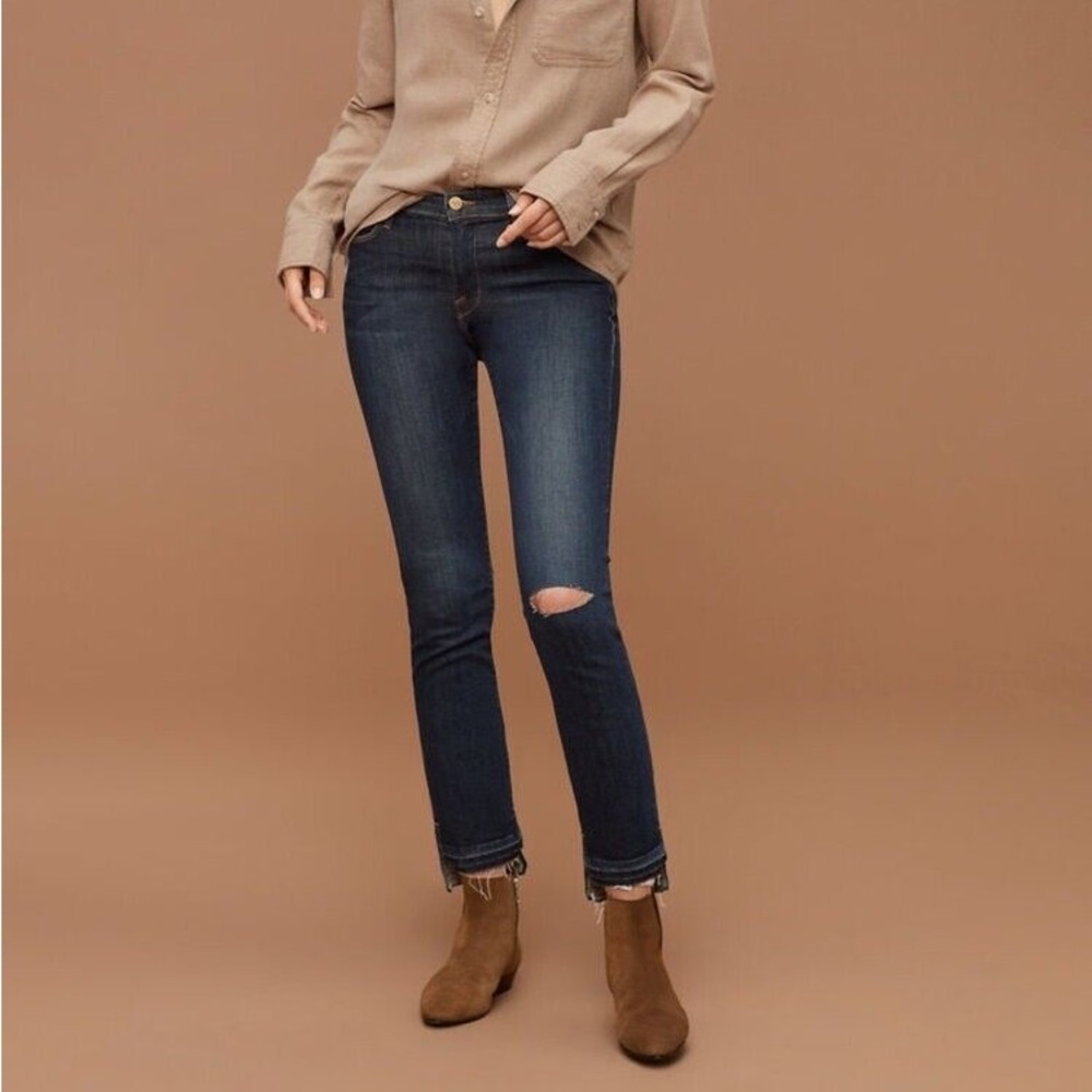 FRAME Le High Straight Leg Step Hem Distressed Stretch Denim Jeans Anchorage